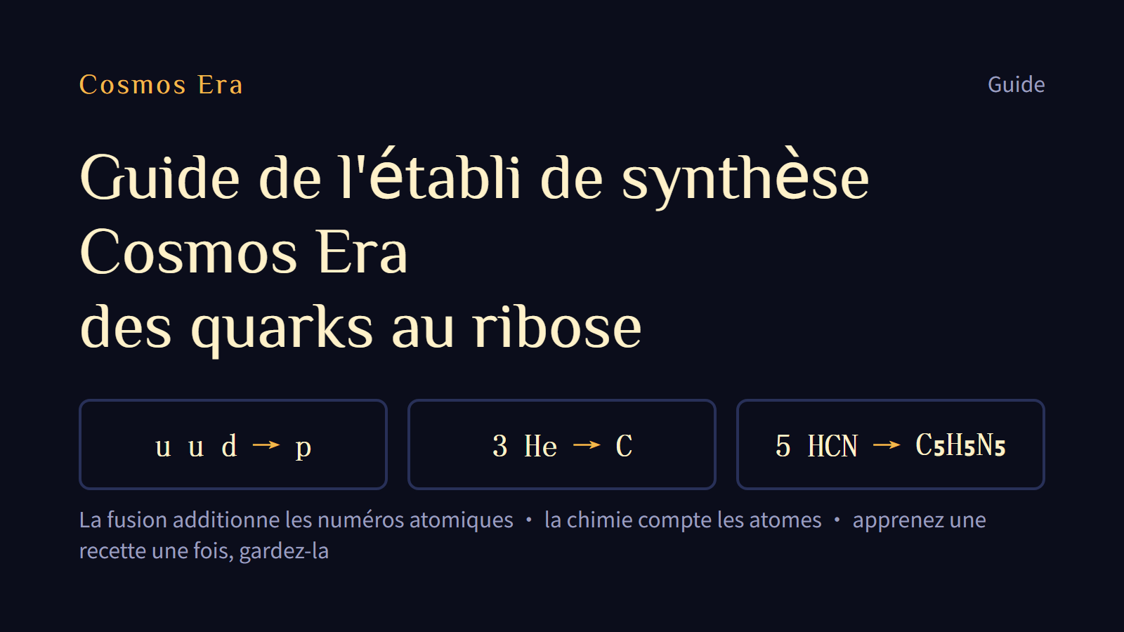 Guide de l'établi de synthèse Cosmos Era : des quarks au ribose