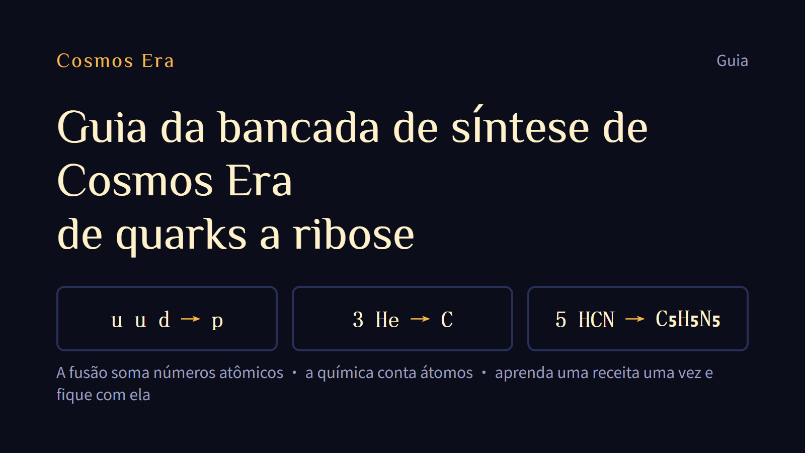 Guia da bancada de síntese de Cosmos Era: de quarks a ribose