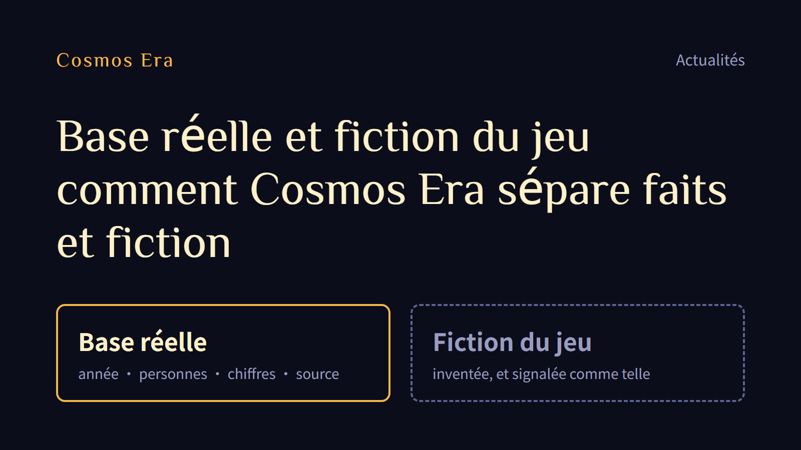 Base réelle et fiction du jeu : comment Cosmos Era sépare faits et fiction