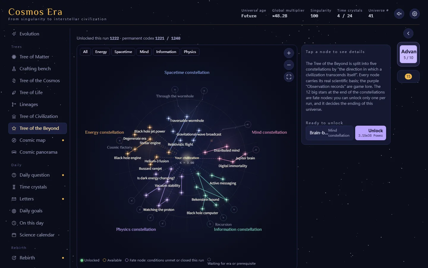 Game screenshot (desktop): the Tree of the Beyond with its Energy, Spacetime, Mind, Information and Physics constellations
