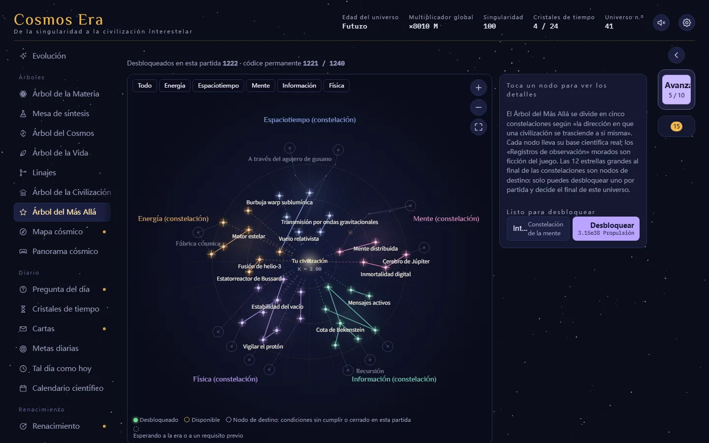 Captura del juego (computadora): el Árbol del Más Allá con sus constelaciones de Energía, Espacio-tiempo, Mente, Información y Física