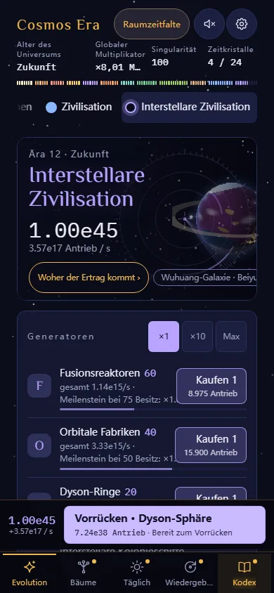 Spiel-Screenshot (Handy): Generatoren in der interstellaren Ära und unten die Schaltfläche „Vorrücken“