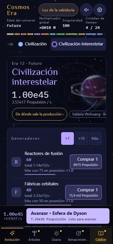 Captura del juego (celular): generadores de la era interestelar y el botón Avanzar abajo