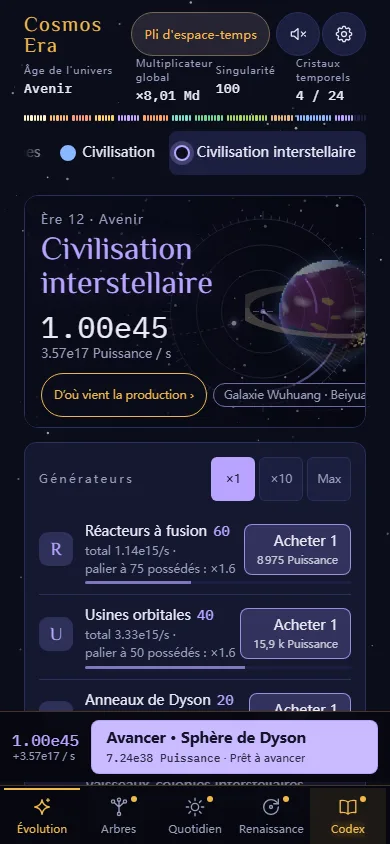 Capture du jeu (téléphone) : les générateurs de l'ère interstellaire et le bouton Avancer en bas