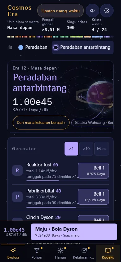 Tangkapan layar game (ponsel): generator di era antarbintang dan tombol Maju di bagian bawah