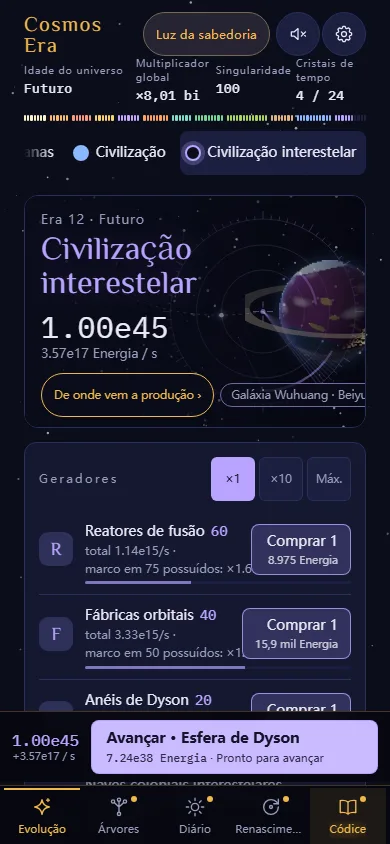 Captura de tela do jogo (celular): geradores da era interestelar e o botão Avançar na parte de baixo